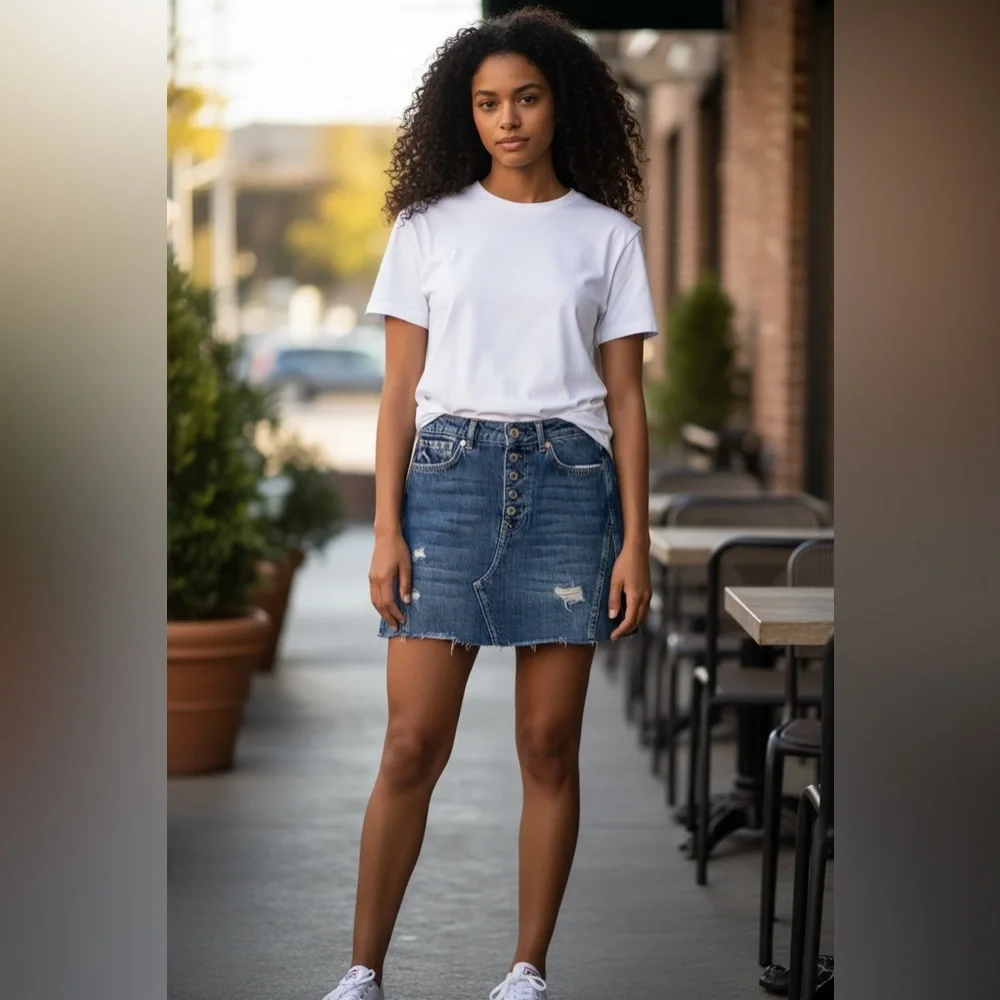 Free People Button Fly Distressed Denim Mini Skirt | Size 29 NWT - Picture 1 of 7